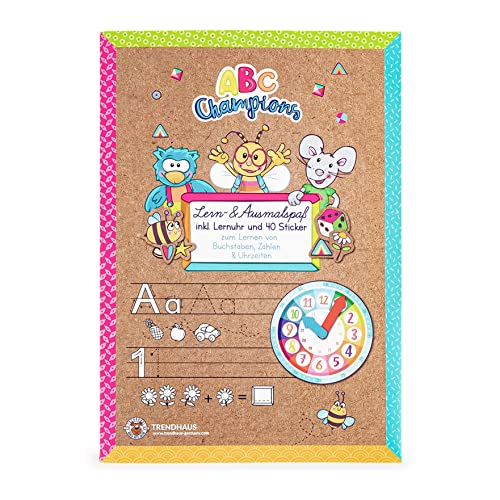 TRENDHAUS 956187 ABC Champions Buchstaben & Zahlen schreiben Lernen, Inkl. Lernuhr & Sticker (40 Stück), Übungsheft für Kinder ab 4 Jahren von TRENDHAUS