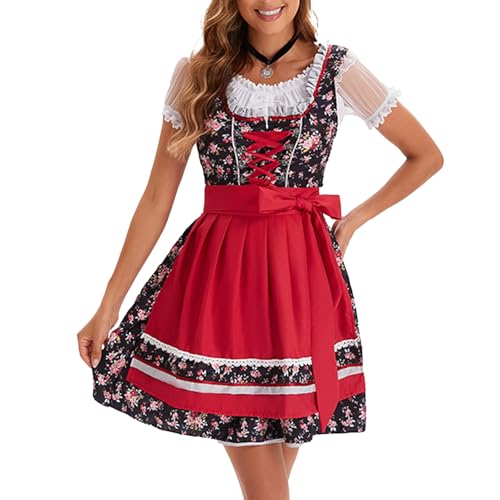 Deutsch Oktoberfest Kostüm Set Halloween Bier Kostüm Dirndl Kleider Bluse Schürze Bögen Band Für Erwachsene Frauen Drindl Deutsche Bayerische Oktoberfest Festival Frauen von TRHEEE