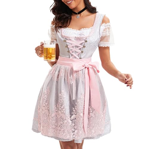 Deutsch Oktoberfest Kostüm Set Halloween Bier Kostüm Dirndl Kleider Bluse Schürze Bögen Band Für Erwachsene Frauen Drindl Deutsche Bayerische Oktoberfest Festival Frauen von TRHEEE