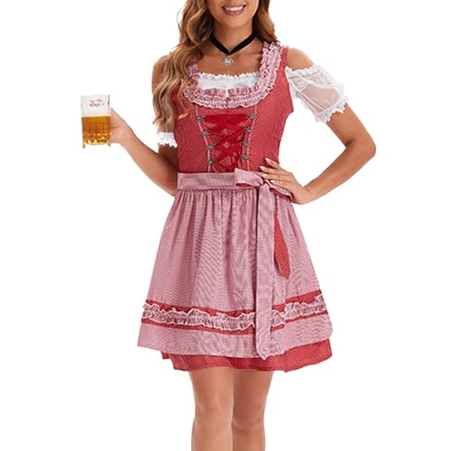 Deutsch Oktoberfest Kostüm Set Halloween Bier Kostüm Dirndl Kleider Bluse Schürze Bögen Band Für Erwachsene Frauen Drindl Deutsche Bayerische Oktoberfest Festival Frauen von TRHEEE