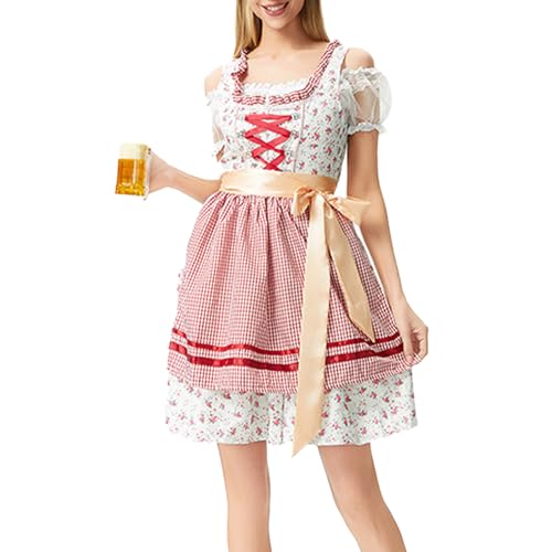 Deutsch Oktoberfest Kostüm Set Halloween Bier Kostüm Dirndl Kleider Bluse Schürze Bögen Band Für Erwachsene Frauen Drindl Deutsche Bayerische Oktoberfest Festival Frauen von TRHEEE