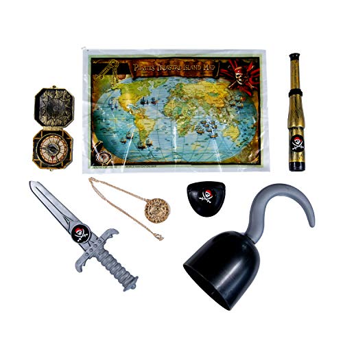TRIXES Dekorative Accessoires für das Piratenkostüm Ihres Kindes, Kostüm Zubehör, Handhaken, Dolch, Augenklappe, Schatzkarte, Fernglas, Kompass, Goldamulett von TRIXES