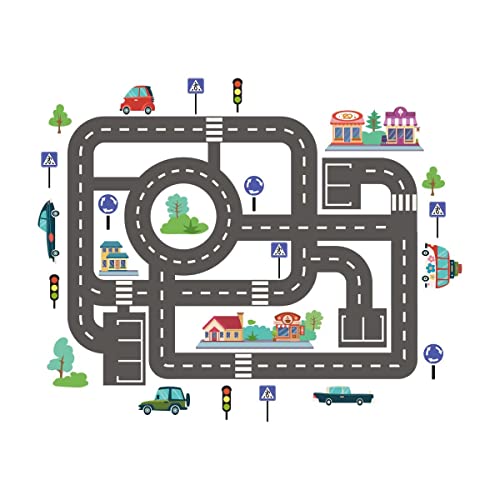 TRIXES Straßenaufkleber – 42 Selbstklebende Teile – Straßen, Gebäude, Schilder und Fahrzeuge – Aufkleber für Boden, Tisch und Wand – 2 Bögen à 90 x 30 cm von TRIXES