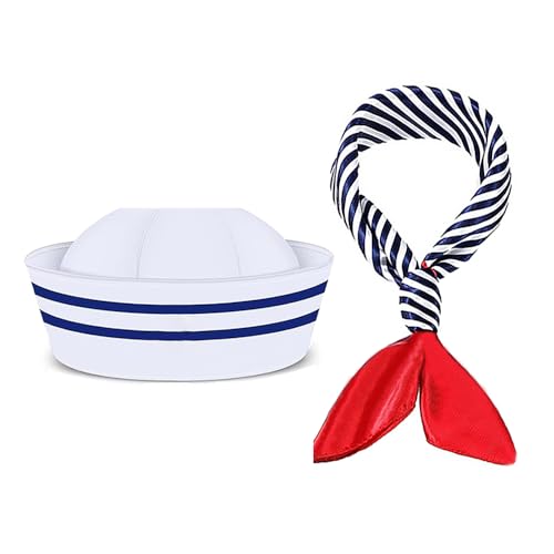 TRKETK Kapitän Matrosen Kostüm Set, Streifen Matrosenmütze und Schal Set Blau Weiß Gestreiftes Marine Outfit Kapitän Seemann Set für Kostümzubehör Damen und Herren Einheitsgröße TRKETK Kapitän Matrosen Kostüm Set, Streifen Matrosenmütze und Schal Set Blau Weiß Gestreiftes Marine Outfit Kapitän Seemann Set für Kostümzubehör Damen und Herren Einheitsgröße von TRKETK