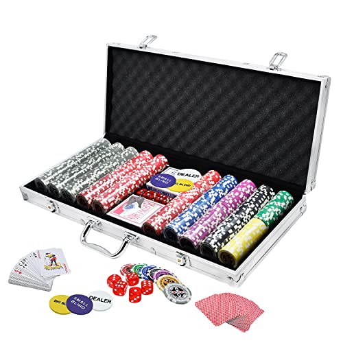 TRMLBE Pokerkoffer 500 Chips Pokerset Laser Pokerchips inkl. 2X Pokerdecks, 3X Dealer Button, 5X Würfeln, Aluminium Koffer mit 2 Schlüssel - Silber von TRMLBE