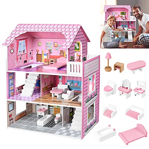 TRMLBE Puppenhaus Holz Große Puppenvilla 3 Etagen mit Möbeln und Zubehör DIY Dollhouse Puppen Spielzeug Mädchen Spielset Puppenstube ab 3 Jahren - 60x24x70cm TRMLBE Puppenhaus Holz Große Puppenvilla 3 Etagen mit Möbeln und Zubehör DIY Dollhouse Puppen Spielzeug Mädchen Spielset Puppenstube ab 3 Jahren - 60x24x70cm von TRMLBE