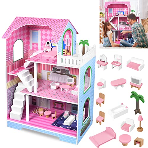 TRMLBE Puppenhaus Holz Große Puppenvilla 3 Etagen mit Möbeln und Zubehör DIY Dollhouse Puppen Spielzeug Mädchen Spielset Puppenstube ab 3 Jahren - 70x36x100cm TRMLBE Puppenhaus Holz Große Puppenvilla 3 Etagen mit Möbeln und Zubehör DIY Dollhouse Puppen Spielzeug Mädchen Spielset Puppenstube ab 3 Jahren - 70x36x100cm von TRMLBE
