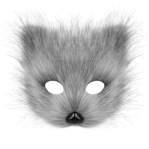 TROYSINC Cosplay Kostüm mit Furry Maske und Handschuhe, Kunstpelz Flauschiger für Halloween Cosplay Fuchs-Kostüm Karneval Party Accessoire (Maske,Dunkelgrau) von TROYSINC