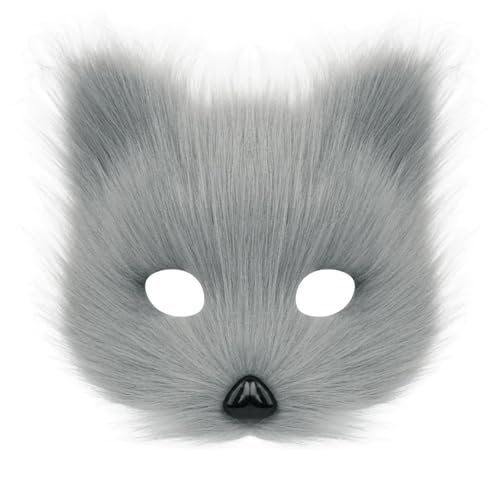 TROYSINC Cosplay Kostüm mit Furry Maske und Handschuhe, Kunstpelz Flauschiger für Halloween Cosplay Fuchs-Kostüm Karneval Party Accessoire (Maske,Grau) von TROYSINC