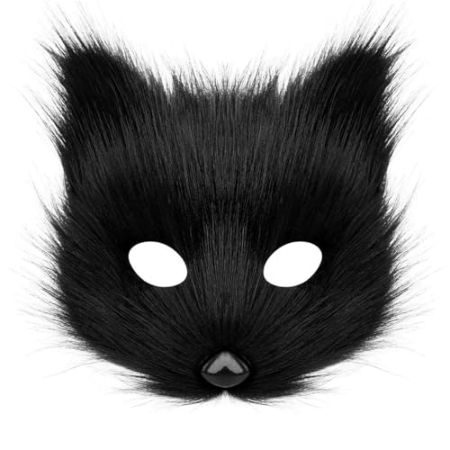 TROYSINC Cosplay Kostüm mit Furry Maske und Handschuhe, Kunstpelz Flauschiger für Halloween Cosplay Fuchs-Kostüm Karneval Party Accessoire (Maske,Schwarz) von TROYSINC