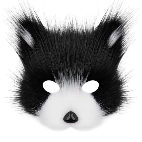 TROYSINC Cosplay Kostüm mit Furry Maske und Handschuhe, Kunstpelz Flauschiger für Halloween Cosplay Fuchs-Kostüm Karneval Party Accessoire (Maske,Schwarz und weiß) von TROYSINC
