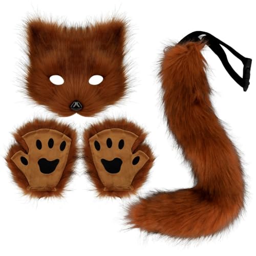 TROYSINC Fuchs Cosplay Kostüm mit Furry Maske und Handschuhe, Kunstpelz Fuchs Maske Flauschiger für Halloween Cosplay Kostüm Karneval Party Accessoire (3er Set,Braun) von TROYSINC