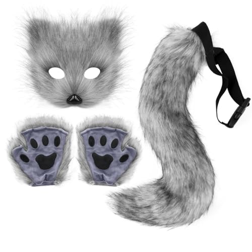 TROYSINC Fuchs Cosplay Kostüm mit Furry Maske und Handschuhe, Kunstpelz Fuchs Maske Flauschiger für Halloween Cosplay Kostüm Karneval Party Accessoire (3er Set,Dunkelgrau) von TROYSINC