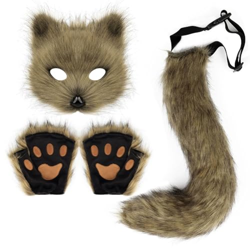 TROYSINC Fuchs Cosplay Kostüm mit Furry Maske und Handschuhe, Kunstpelz Fuchs Maske Flauschiger für Halloween Cosplay Kostüm Karneval Party Accessoire (3er Set,Grasgelbes) von TROYSINC