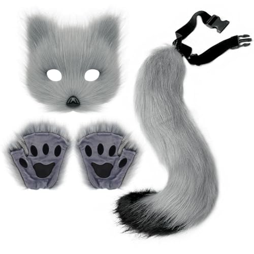 TROYSINC Fuchs Cosplay Kostüm mit Furry Maske und Handschuhe, Kunstpelz Fuchs Maske Flauschiger für Halloween Cosplay Kostüm Karneval Party Accessoire (3er Set,Grau) von TROYSINC
