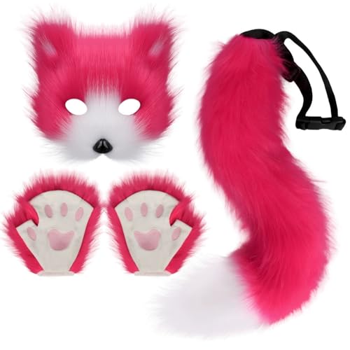 TROYSINC Fuchs Cosplay Kostüm mit Furry Maske und Handschuhe, Kunstpelz Fuchs Maske Flauschiger für Halloween Cosplay Kostüm Karneval Party Accessoire (3er Set,Rosarot) von TROYSINC