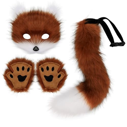TROYSINC Fuchs Cosplay Kostüm mit Furry Maske und Handschuhe, Kunstpelz Fuchs Maske Flauschiger für Halloween Cosplay Kostüm Karneval Party Accessoire (3er Set,Rot Braun und Weiß) von TROYSINC