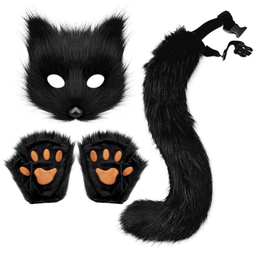 TROYSINC Fuchs Cosplay Kostüm mit Furry Maske und Handschuhe, Kunstpelz Fuchs Maske Flauschiger für Halloween Cosplay Kostüm Karneval Party Accessoire (3er Set,Schwarz) von TROYSINC