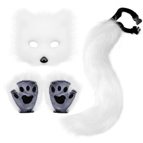 TROYSINC Fuchs Cosplay Kostüm mit Furry Maske und Handschuhe, Kunstpelz Fuchs Maske Flauschiger für Halloween Cosplay Kostüm Karneval Party Accessoire (3er Set,Weiß) von TROYSINC