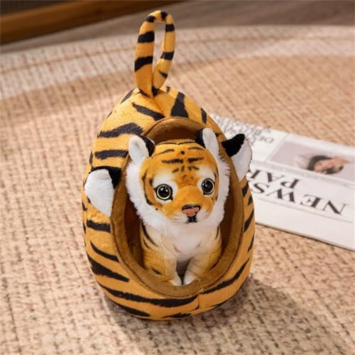 TROYSINC Kreative Plüschtier Tiere Kuscheltier mit Haustierbett, Realistische Kleiner Tiger, Löwe, Giraffe, Leopard Plüschtier Stofftier Plüsch Spielzeug Geschenke für Kinder (Brauner Tiger) von TROYSINC