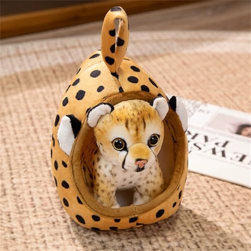 TROYSINC Kreative Plüschtier Tiere Kuscheltier mit Haustierbett, Realistische Kleiner Tiger, Löwe, Giraffe, Leopard Plüschtier Stofftier Plüsch Spielzeug Geschenke für Kinder (Leopard) von TROYSINC