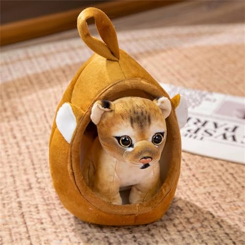 TROYSINC Kreative Plüschtier Tiere Kuscheltier mit Haustierbett, Realistische Kleiner Tiger, Löwe, Giraffe, Leopard Plüschtier Stofftier Plüsch Spielzeug Geschenke für Kinder (Löwe) von TROYSINC