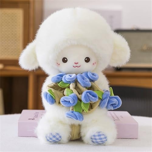 TROYSINC Rose Lamm Plüschtier Lamm Kuscheltier Süße Plüsch Lamm mit Rose Plushie Stofftier Kawaii Deko Kinderspielzeug Geschenk für Kinder (Blau) von TROYSINC