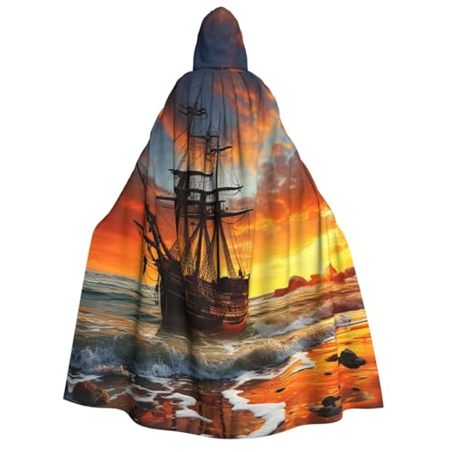 Piratenschiff im Sonnenuntergang Erwachsene Kapuzenumhang Halloween Umhang lange Kapuze Robe Umhang Cosplay Kostüm von TRSGKSQP