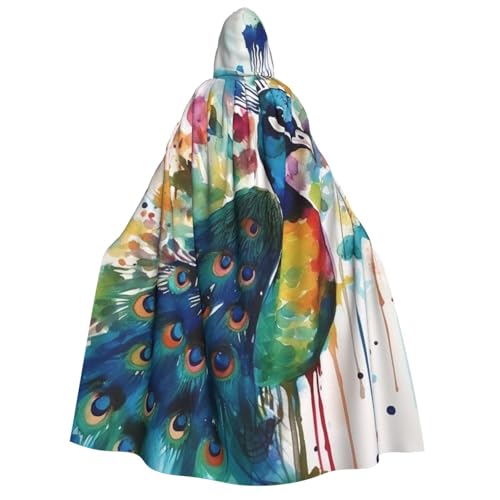 TRSGKSQP Aquarell-Pfauen-Umhang mit Kapuze, für Erwachsene, Halloween, lange Kapuze, Cosplay-Kostüm von TRSGKSQP