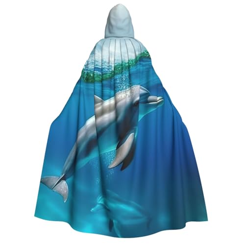 TRSGKSQP Schwimmender Delfin im blauen Meer, Kapuzenumhang für Erwachsene, Halloween-Umhang, lange Kapuze, Robe, Umhang, Cosplay-Kostüm von TRSGKSQP