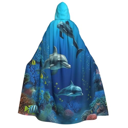 TRSGKSQP Underwater World Dolphins Coral Erwachsene Kapuzenumhang Halloween Umhang Lange Kapuze Robe Umhang Cosplay Kostüm von TRSGKSQP