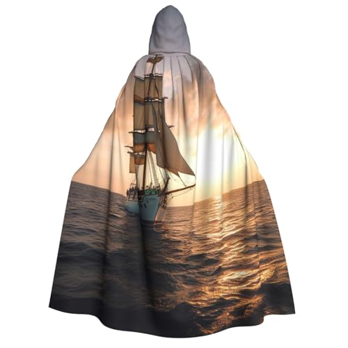 TRSGKSQP Weißes Segelschiff bei Sonnenuntergang Erwachsene Kapuzenumhang Halloween Umhang lange Kapuze Robe Umhang Cosplay Kostüm von TRSGKSQP