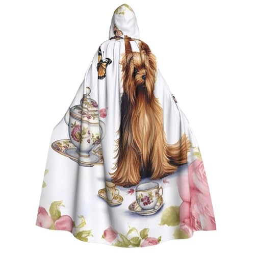 TRSGKSQP Yorkshire Terrier, Teeparty, Schmetterlinge, Rosen, Erwachsenen-Umhang, mit Kapuze, Halloween-Umhang, lange Kapuze, Cosplay-Kostüm von TRSGKSQP