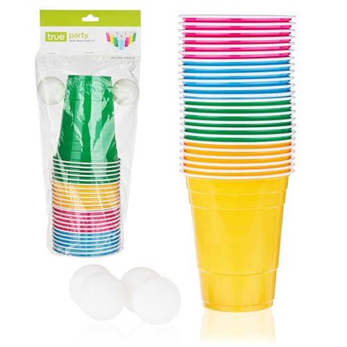 TRUE 11342 Neon Kit, with, Beer Cup Multicolor Set of 24 Cups and 4 Ping Pong Balls, Gemischt, Set of 1 von TRUE