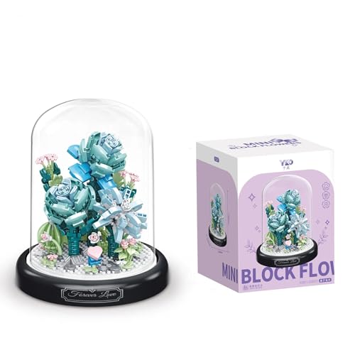 TRavesty Blumenstrauß Bausteine Bausatz, Künstliche Blumenstrauß Bausteine Set Mit Staubschutzhülle, Kreatives DIY Botanik Kollektion Modellbausatz für Zuhause Zimmer Dekoration (Blaue Rose) von TRavesty