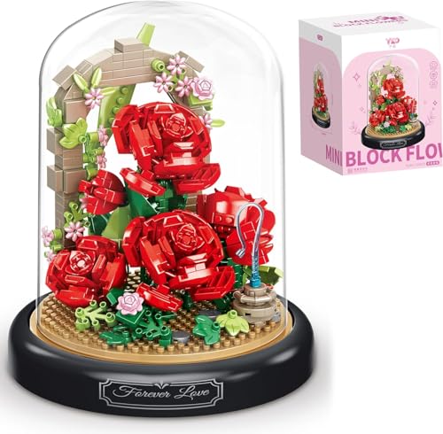 TRavesty Blumenstrauß Bausteine Bausatz, Künstliche Blumenstrauß Bausteine Set Mit Staubschutzhülle, Kreatives DIY Botanik Kollektion Modellbausatz für Zuhause Zimmer Dekoration (Rote Rose) von TRavesty