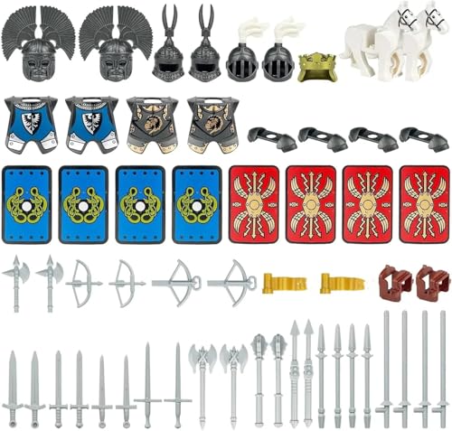 TRavesty Waffenpaket für Minifiguren, ittelalterliche Ritter Waffenpaket Zubehör Kit Enthalten Helmsd, Rüstung, Schild, Umhänge Barding, Pferde Kompatibel mit großen Marken (A) von TRavesty