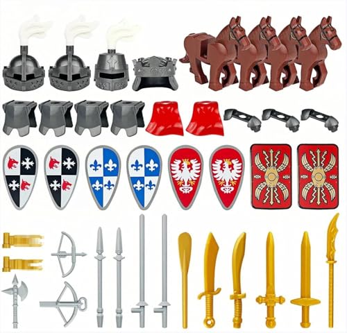 TRavesty Waffenpaket für Minifiguren, Mittelalterliche Ritter Waffenpaket Zubehör Kit Enthalten Helmsd, Rüstung, Schild, Umhänge Barding, Pferde Kompatibel mit großen Marken von TRavesty