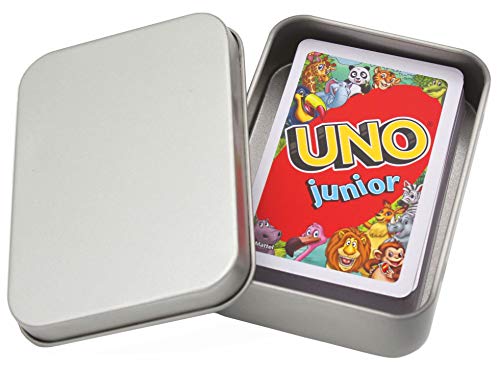 UNO Junior Kartenspiel Neue Edition für Kinder, Kinderspiele geeignet für 2-4 Spieler ab 3 Jahren + Metalldose für Spielesammlung (UNO Junior) von TS Spielkarten