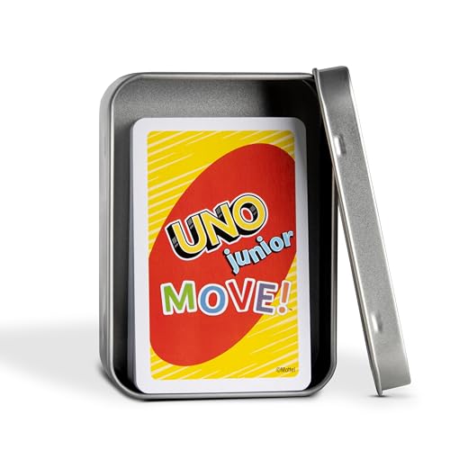 UNO Junior Kartenspiel Neue Edition für Kinder, Kinderspiele geeignet für 2-4 Spieler ab 3 Jahren + Metalldose für Spielesammlung (UNO Junior Move) von TS Spielkarten