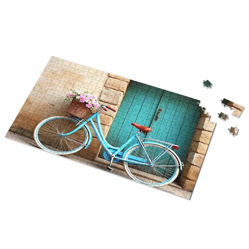 500-teiliges Puzzle, Vintage-Fahrrad mit Blumen vor blauer Tür, Bild, Puzzlebrett, 500 Teile Puzzles für Erwachsene (1000 Teile) von TSGB