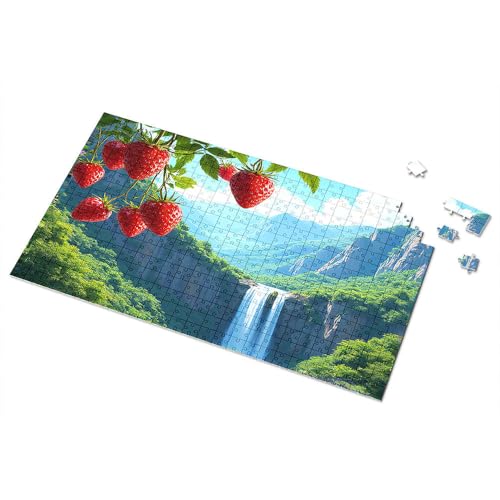 Geschenke für 5-jährige Mädchen, Erdbeeren, die über einem Bergwasserfall hängen, Bilder-Puzzle, Punkt-It-Spiel für Kinder (300 Teile) von TSGB