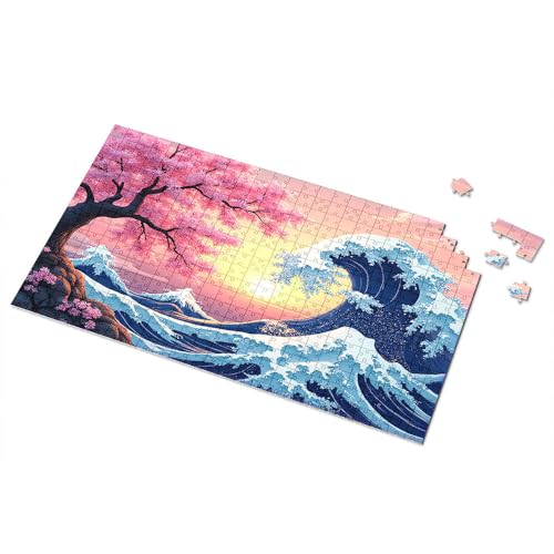 Geschenke für 5-jährige Mädchen, Kirschblüten und Wellen bei Sonnenuntergang, Bilder-Puzzle, Spot-It-Spiel für Kinder (500 Stück) von TSGB