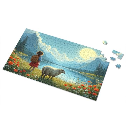 Geschenke für 5-jährige Mädchen, Mädchen und Schafe am See unter einem Vollmond-Bild, Puzzle, Spot-It-Spiel für Kinder (500 Stück) von TSGB