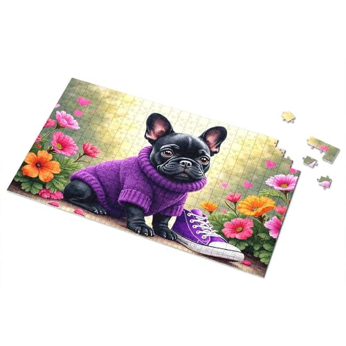 Geschenke für 5-jährige Mädchen, bezaubernde französische Bulldogge in violettem Pullover mit Blumen, Bild, Puzzle, Punkt-It-Spiel für Kinder (500 Stück) von TSGB
