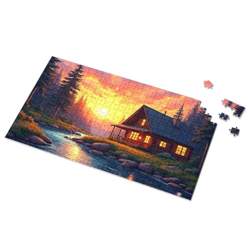 Geschenke für 5-jährige Mädchen, gemütliche Hütte am Fluss bei Sonnenuntergang, Bilder-Puzzle, Spot-It-Spiel für Kinder (500 Stück) von TSGB