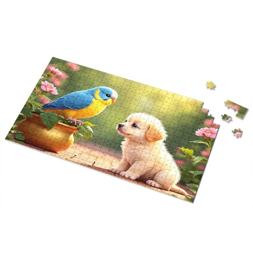Ostergeschenke für Kleinkinder, bezaubernder Welpe und bunter Vogel im Garten, Bildpuzzle, Kleinkind-Puzzle, Puzzle, 300 Teile für Erwachsene (300 Stück) von TSGB