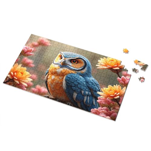 Ostergeschenke für Kleinkinder, blaue und orangefarbene Eule inmitten blühender Blumen, Bildpuzzle, Kleinkind-Puzzle, Puzzle, 300 Teile, für Erwachsene (300 Stück) von TSGB