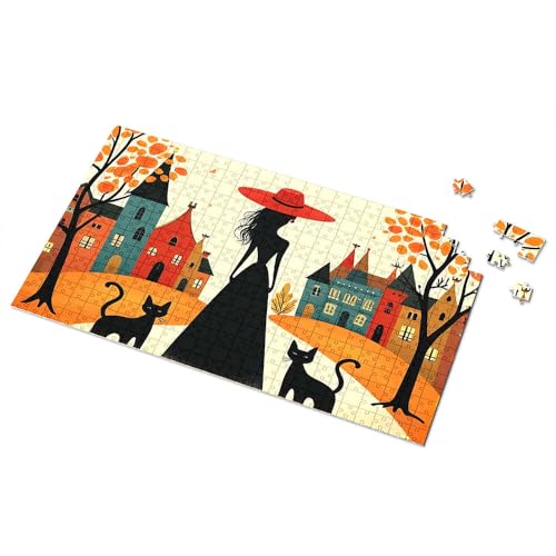 Puzzle 300 Teile für Erwachsene, Herbstliches Stadtbild mit Silhouetten Frau und Katzen, Bilderpuzzle für Erwachsene, 500 Teile Puzzlebrett (300 Teile) von TSGB