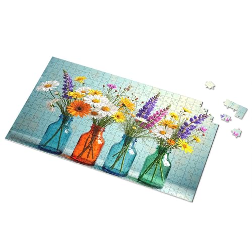 Puzzle für Erwachsene, 300 Teile, bunte Sommerblumen in lebendigen Flaschen, Bilderpuzzle für Erwachsene, 500 Teile Puzzlebrett (300 Teile) von TSGB